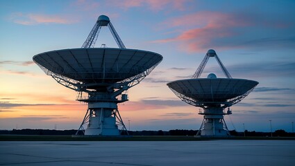 Majestic satellite dishes against a twilight sky