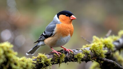 Male eurasian bullfinch perched on mossy branch