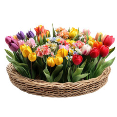 Colorful tulips bouquet in basket arrangement spring flowers beautiful on transparent background