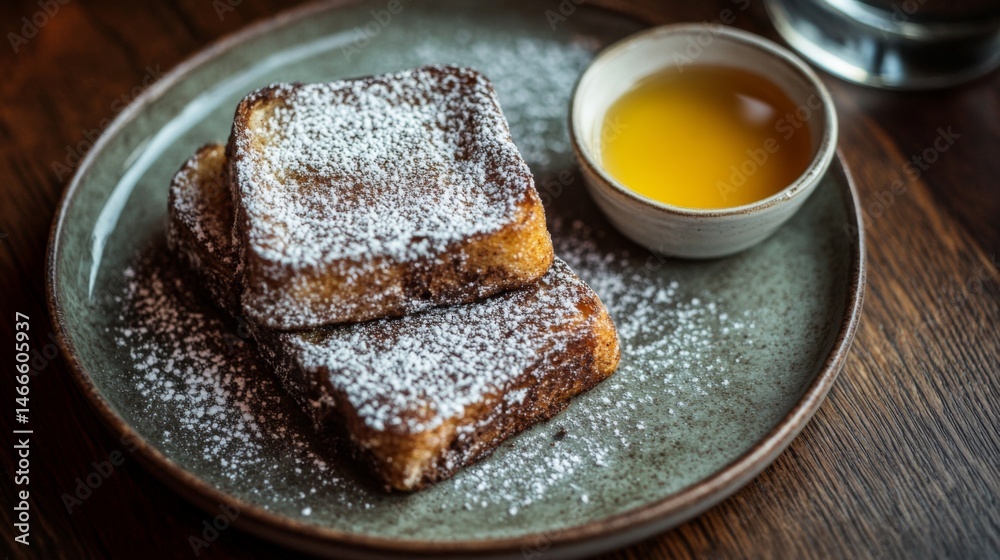 Poster fluffy cinnamon toast dusted with powdered sugar, with a small dish of honey on the side for a warm 
