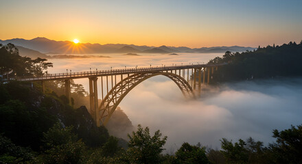 Arched Yellow Bridge Through Foggy Valley During Sunrise with Silhouette Cityscape and Green Foliage in a Beautiful Landscape