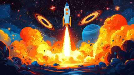 Naklejka premium Vibrant stylized artwork depicts a rocket launching through a cosmic landscape, bursting with fiery orange and yellow hues against a deep blue space backdrop.