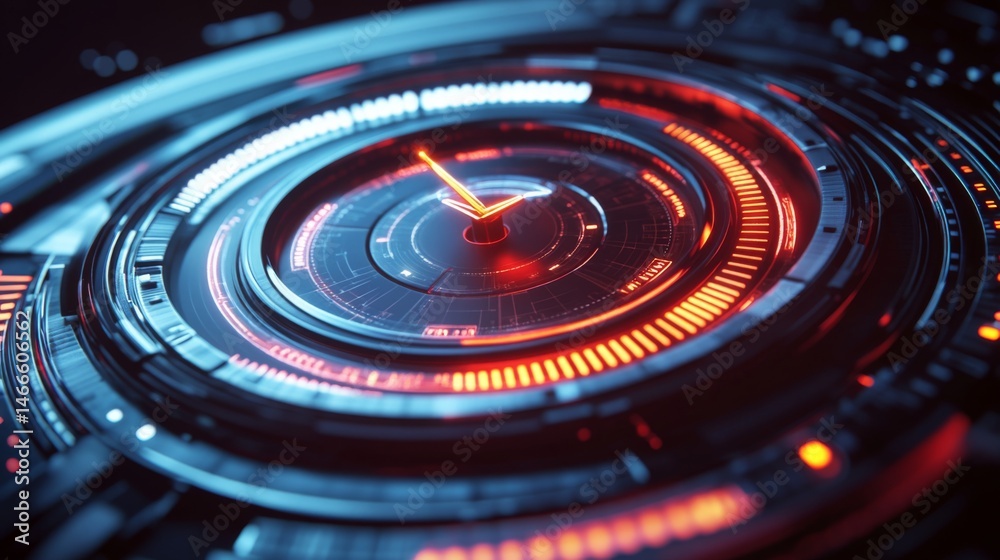 Aufkleber futuristic digital speed gauge with glowing lines, needle pointing to maximum, set against a dark hi