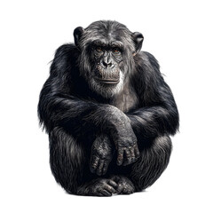 A compelling close-up captures the intense gaze of a chimpanzee with its arms crossed looking directly at the viewer on a stark white studio background.