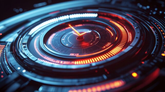 Futuristic digital speed gauge with glowing lines, needle pointing to maximum, set against a dark high-tech background