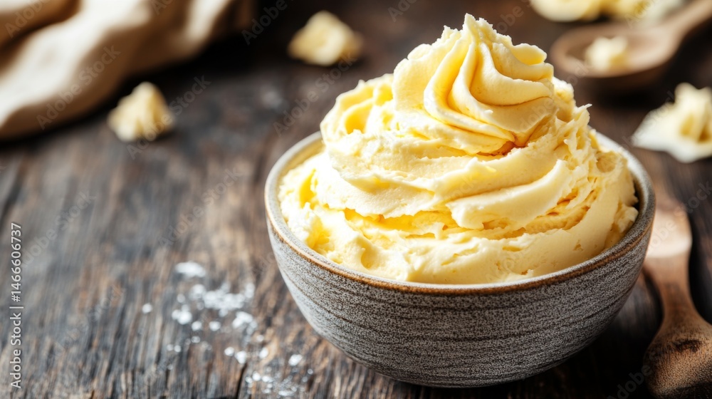 Poster freshly made buttercream in a mixing bowl with a spatula, showing a smooth, creamy texture ready for