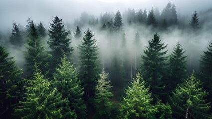 Fototapeta premium Misty aerial view of serene pacific northwest forest