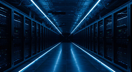 Obraz premium Blue Toned Server Room Hallway with Rows of Data Servers Fading Into Distance Illuminated by Electric Blue Neon Lighting