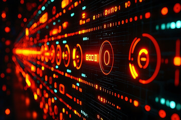 Abstract digital data stream vibrant orange and teal futuristic HUD interface. Perfect for tech, science fiction, or AI concepts. Ideal for website banners, presentations, and video backgrounds.