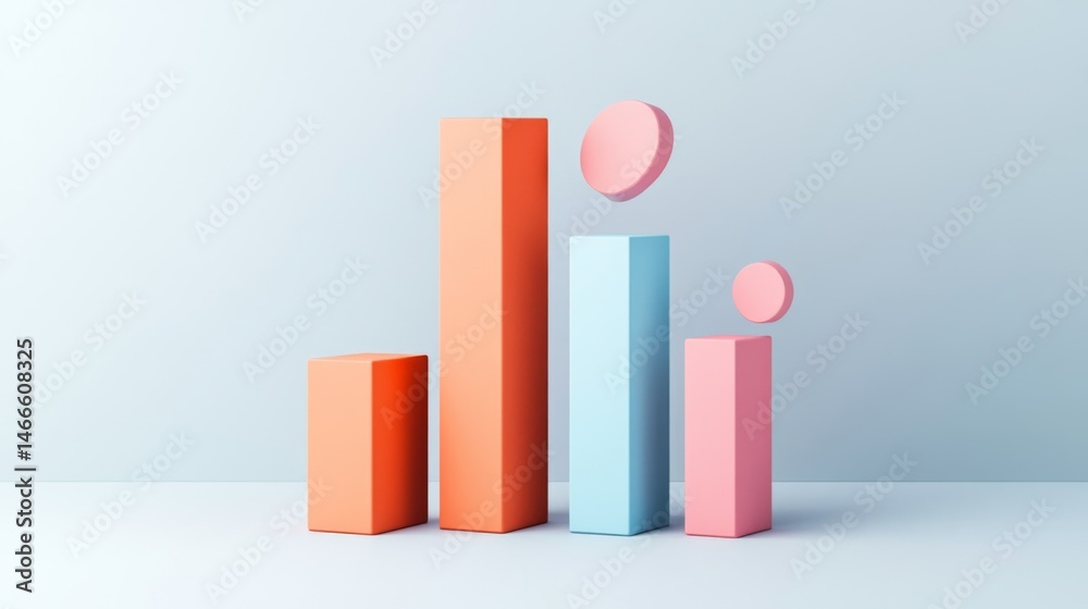 Poster Minimal D bar graph in pastel colors, with shadows cast across a white background, creating a soft and elegant visual