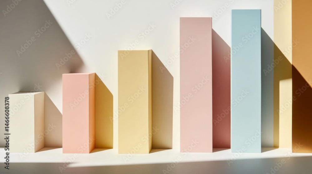 Poster minimal d bar graph in pastel colors, with shadows cast across a white background, creating a soft a