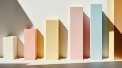 Minimal D bar graph in pastel colors, with shadows cast across a white background, creating a soft and elegant visual