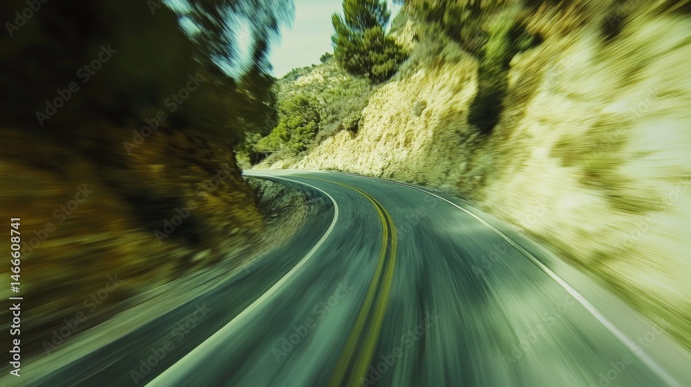Poster Motion blur effect on a curving mountain road with sharp turns, creating the feeling of speed and thrilling movement