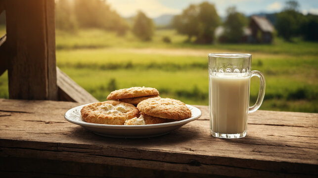 A cozy rustic scene featuring freshly baked cottage cheese cookies on a plate alongside a glass of milk in a transparent mug, all set on a natural wooden table. The background showcases a charming vil