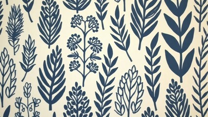 Fototapeta premium Blue botanical leaf pattern on cream background