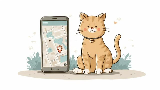 Cute cartoon cat with collar sitting next to smartphone showing map location pin in pet tracking concept