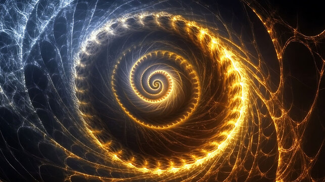 Stunning fractal art featuring a mesmerizing golden and blue spiral, perfect for backgrounds, website headers, or spiritualcosmic themed designs.