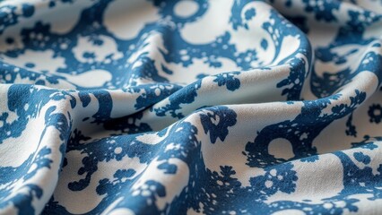 Blue and white floral pattern fabric with soft folds and intricate design