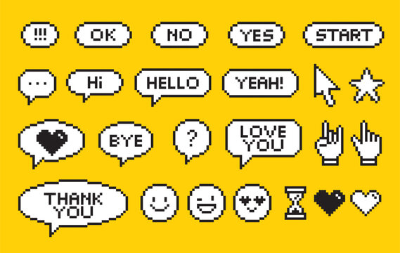 isometric pixel art bubble talk and emotiocon set, icon and symbol concept, retro and y2k style