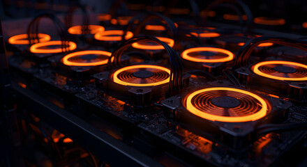 Close Up of Cryptocurrency Mining Hardware with Glowing Orange Fans in Dark Tone Technology and Digital Currency Details
