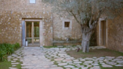 Fototapeta premium Blurred view of a mediterranean garden with stone house and trees, creating a serene and rustic ambiance with bokeh effect.