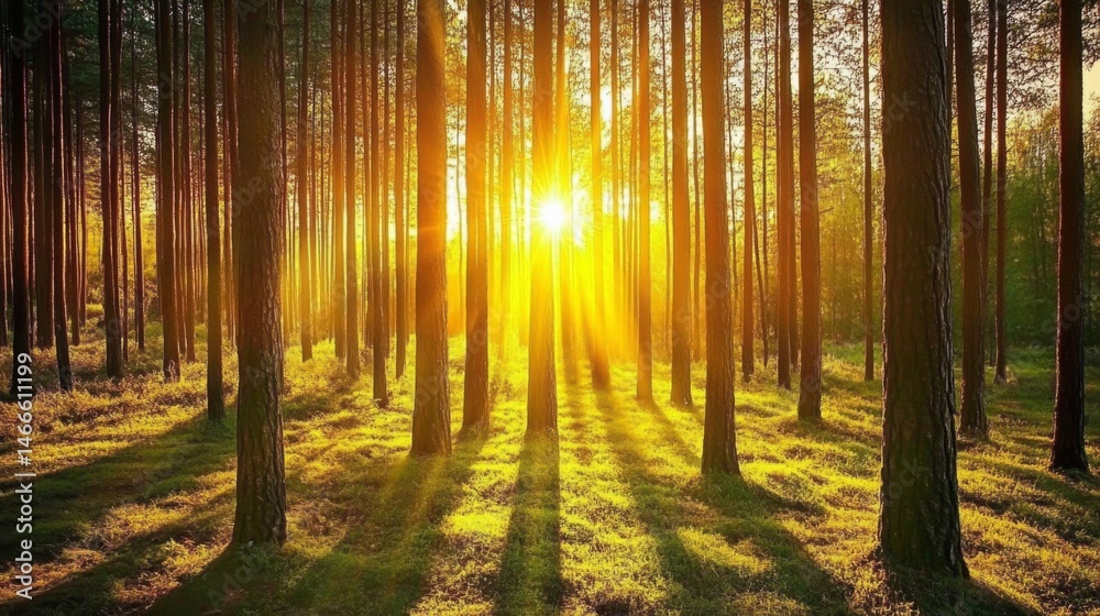 Poster Sunset view with warm, golden sunlight streaming through a forest, illuminating the trees and creating a beautiful contrast