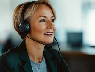 Professional woman wearing a headset smiles while engaged in work within a contemporary office setting, highlighting her communication and customer service skills