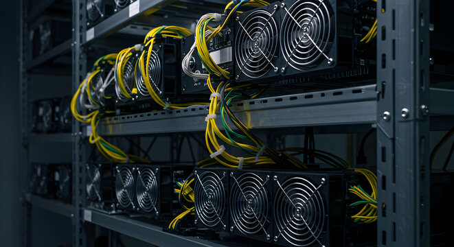 Close View of Bitcoin Miners Arranged on Metal Shelves with Connected Yellow and Green Cables in Dimly Lit Indoor Setting