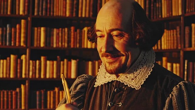 William shakespeare holding a quill pen and smiling in a library