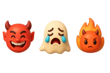 Animated emojis: devil, sad ghost, and angry flame faces