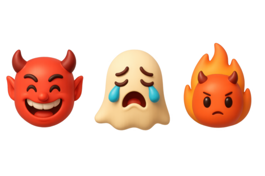 Animated emojis: devil, sad ghost, and angry flame faces