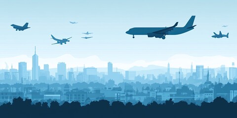 Cityscape with Aircraft Blue Dreams of Flight over the Urban Skyline.