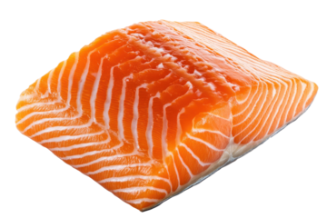 A glistening slab of salmon fillet striated with fat radiates from the black