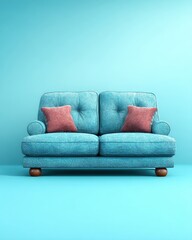 A vibrant blue couch adorned with floral patterns and coral-colored cushions is positioned against a striking turquoise wall. The soft texture and inviting colors create a cozy atmosphere.