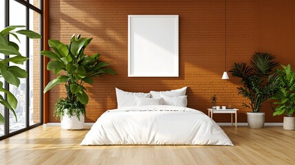 Industrial loft bedroom, unfinished brick wall with centered white frame, clean minimalist bed off to the side, full daylight exposure, no items obstructing the mockup zone