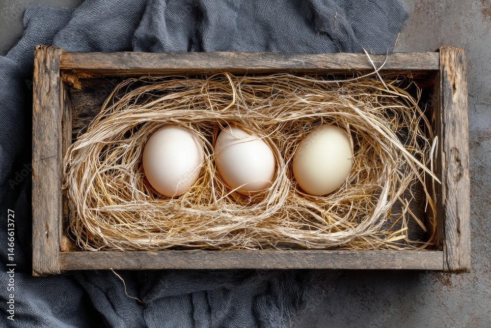 Poster raw eggs nestled in rice straw inside an old wooden tray from a rustic kitchen generative ai