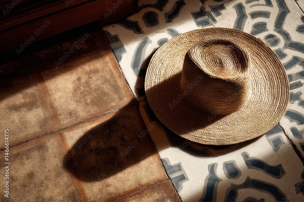 Fototapete straw hat casting a shadow on vintage tile floor showcasing intricate patterns in warm sunlight gene