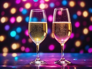 "Champagne Flutes Sparkling Against a Blue and Violet Disco Ball Backdrop"