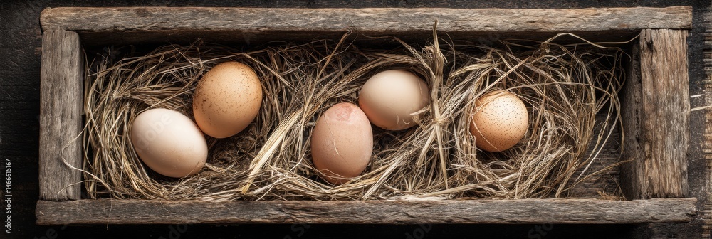 Poster Raw Eggs Resting in Rice Straw on an Old Wooden Tray Captured From an Overhead Perspective Generative AI