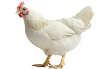 Fototapeta premium A serene portrait of a white hen its feathers gleaming against the stark black