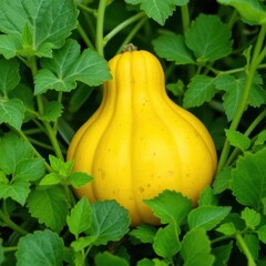 A vibrant yellow squash nestled amongst lush green foliage, green leaf, agriculture