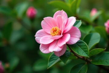 Fototapeta premium Delicate pink camellia, vibrant green foliage , fresh, soft