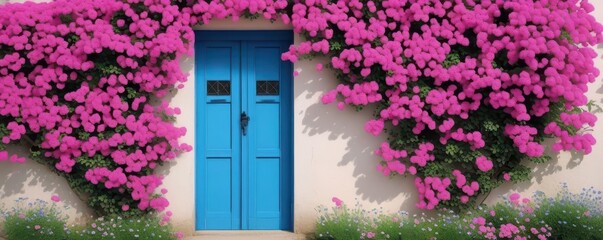 Blue door, black handle, pink flowers bloom profusely, front door, summer