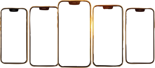 Vector Illustration of Five Modern Smartphones with Blank Screens – Transparent Background, Front View

