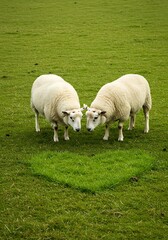 Fototapeta premium Sheep couple grazing in green field
