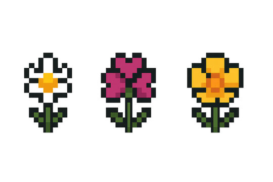 Retro pixel art flowers - yellow, pink, orange blooms on black background