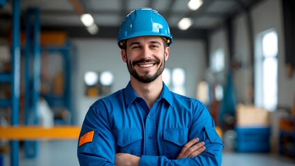 Smiling technician in blue uniform with crossed arms