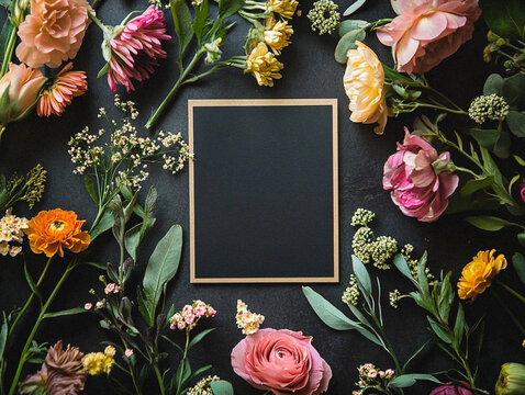 Floral Frame with Colorful Flowers Surrounding a Blank Black Board