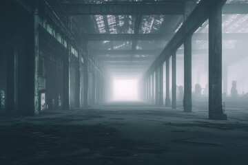 Industrial interior, misty, abandoned space, fading light.