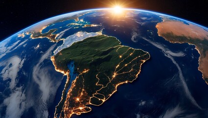 Fototapeta premium South america at sunrise viewed from space
